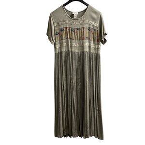 Vintage Jasmine KVM Dress ‎ M Gray Pleated Embroidered Floral Maxi Whimsigoth